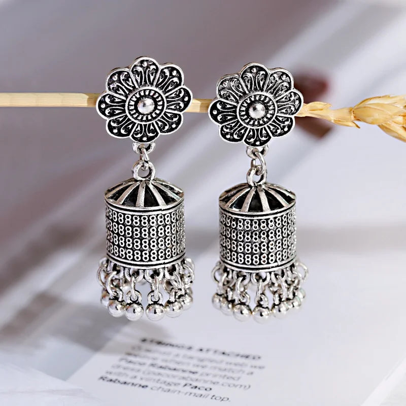 Ethnic Oxidized Flower Jhumkas