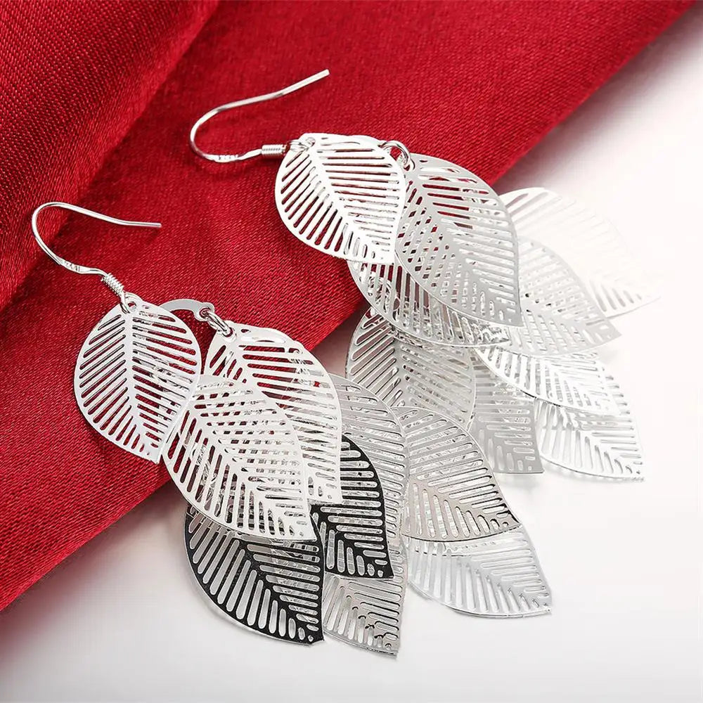 🌿 Silver Leaf Tassel Earrings