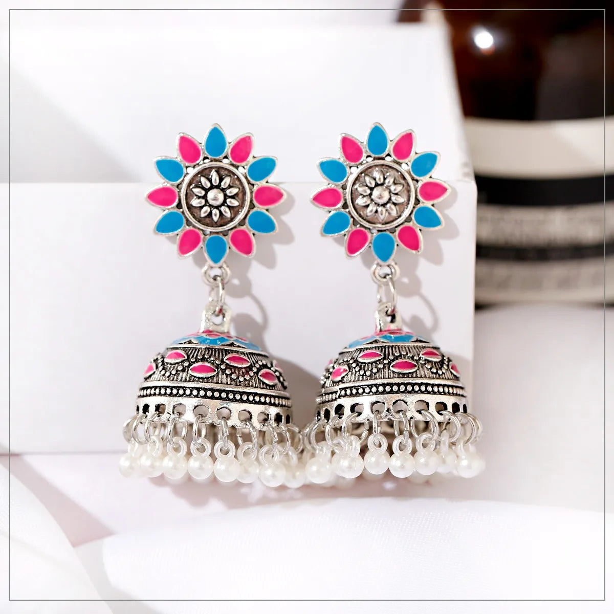 Ethnic Oxidized Flower Jhumkas