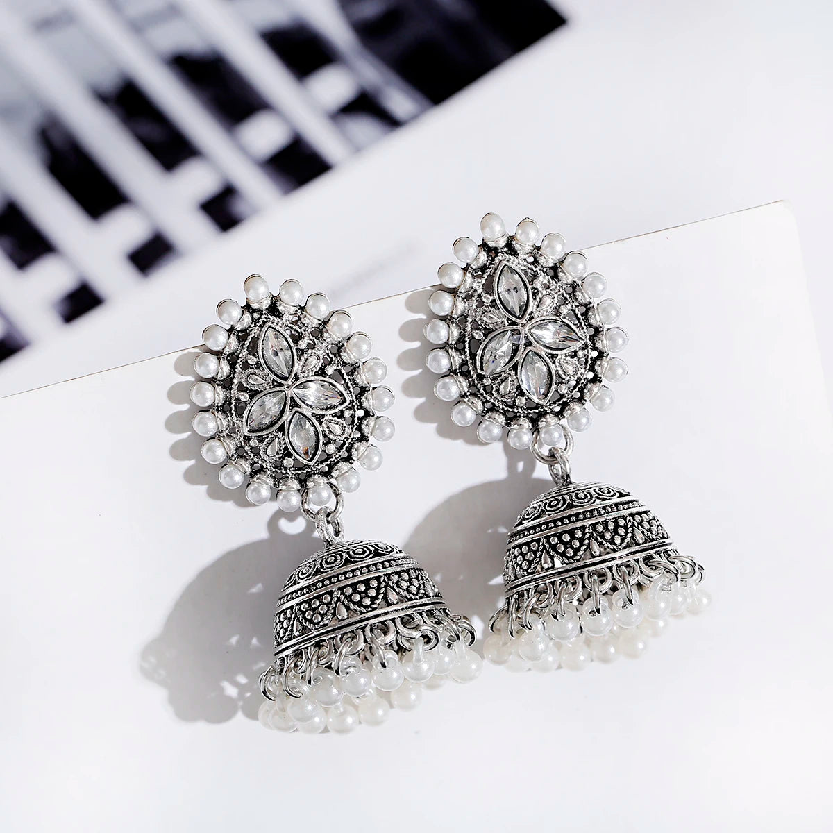 Ethnic Oxidized Flower Jhumkas