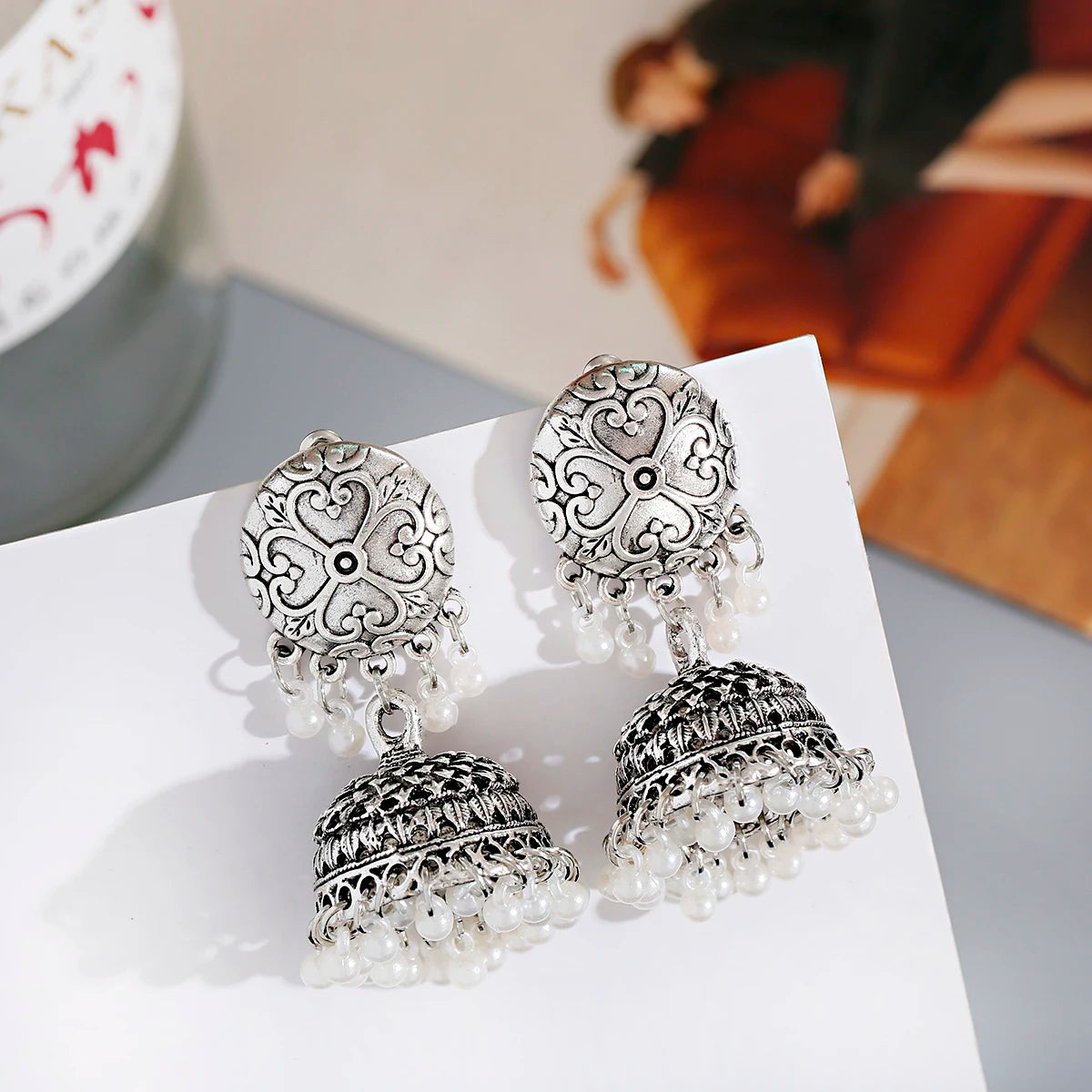 Ethnic Oxidized Flower Jhumkas