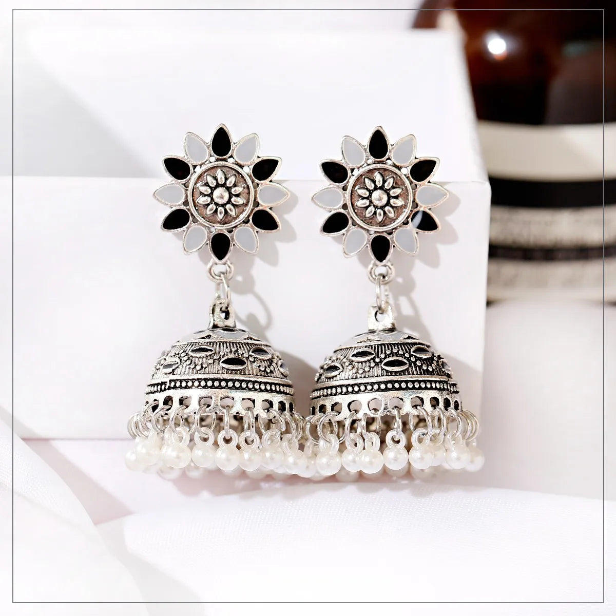 Ethnic Oxidized Flower Jhumkas