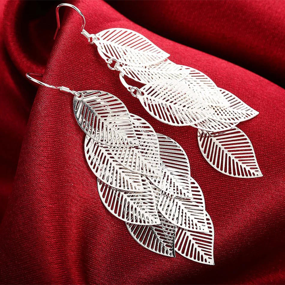 🌿 Silver Leaf Tassel Earrings