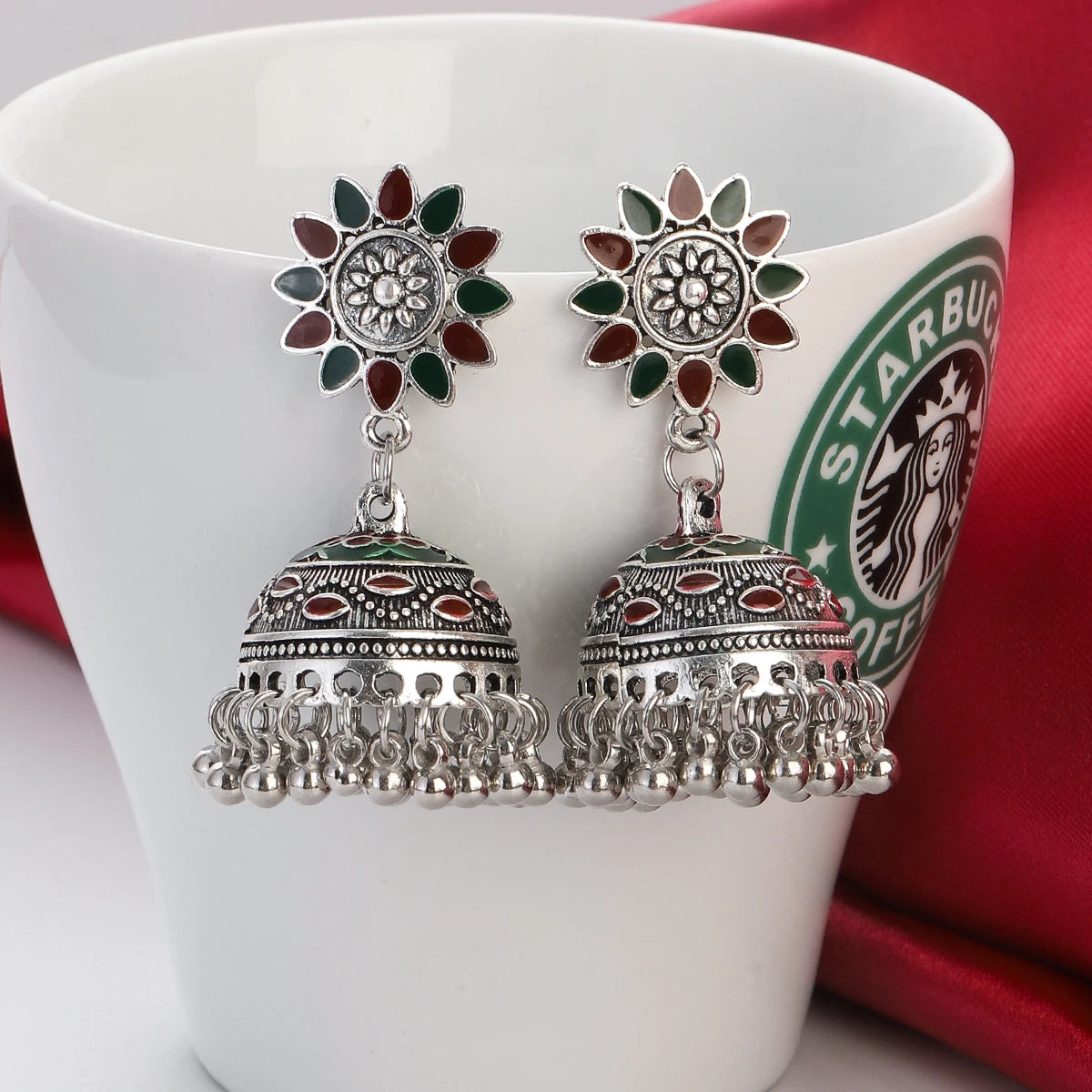 Ethnic Oxidized Flower Jhumkas